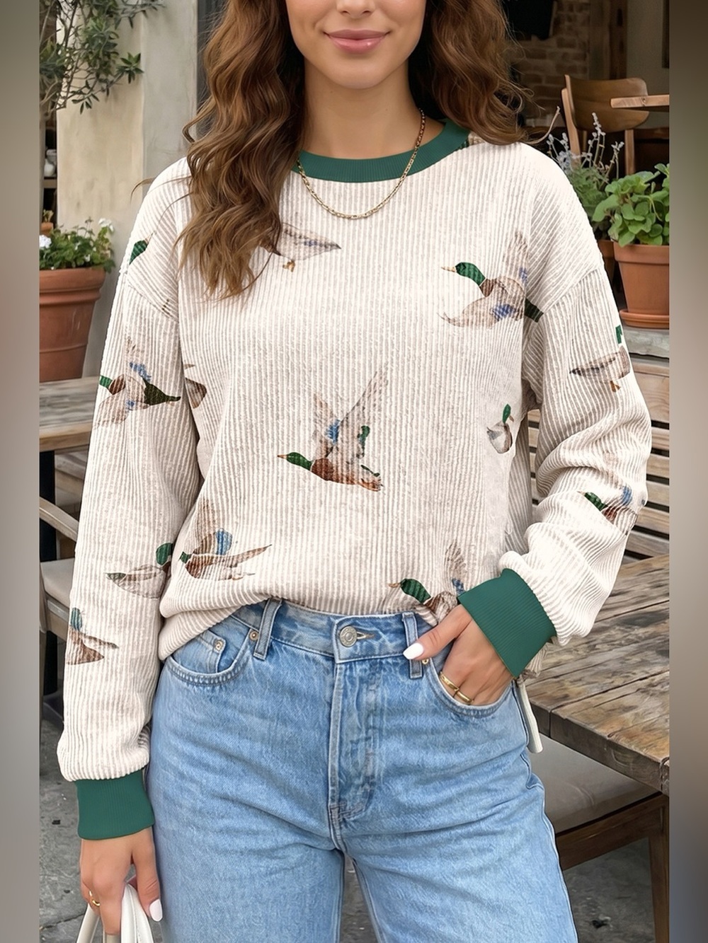 Twisted Ribbed Duck Print Crewneck Casual Pullover Top